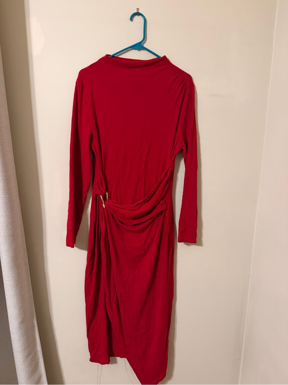 Red Long-Sleeve Draped Women's Dress with Side Buckle